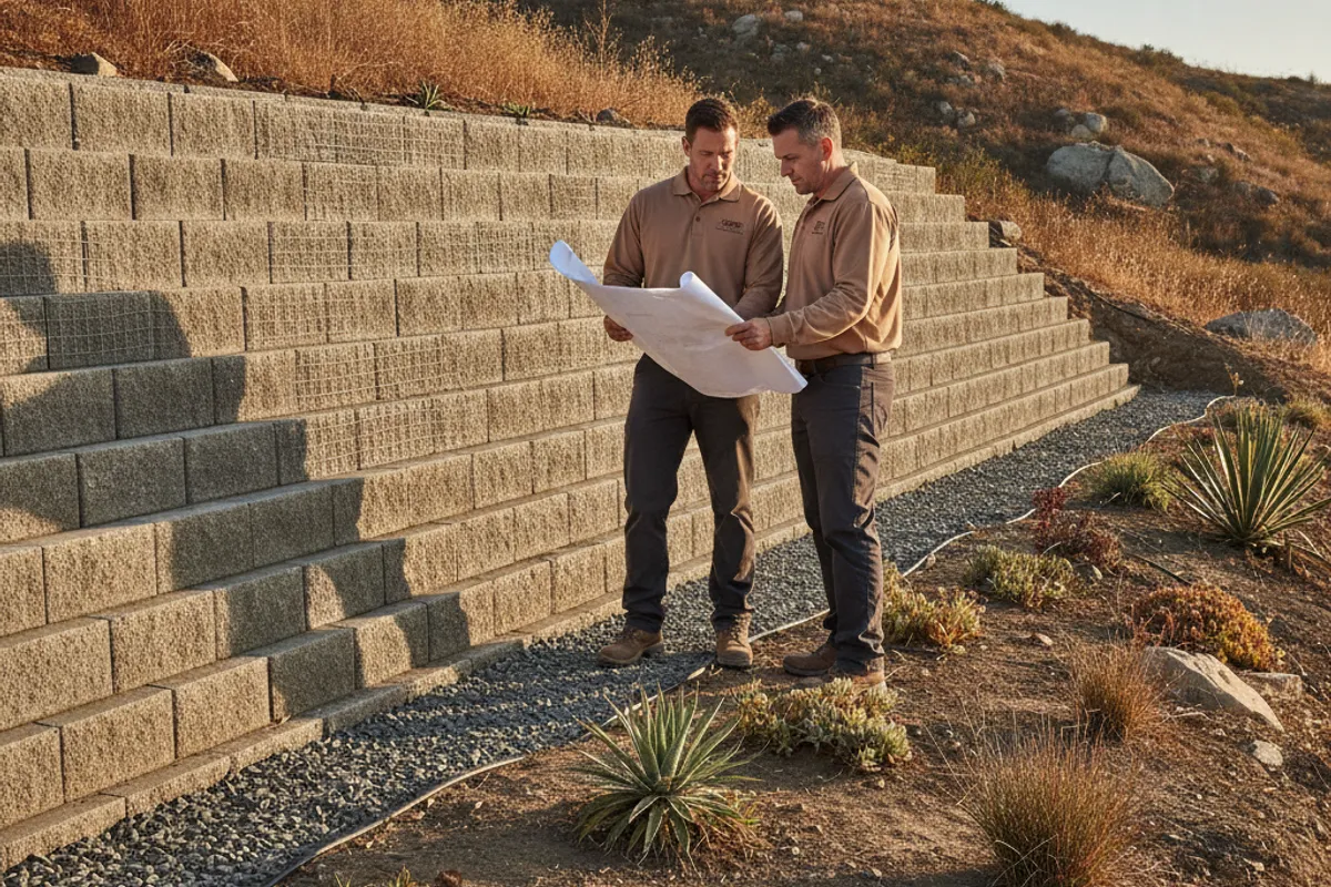 A homeowner and a wall professional discuss a retaining wall plan.