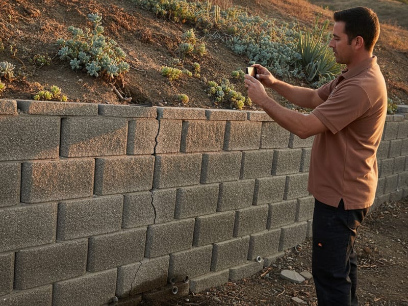 A person photographing a retaining wall