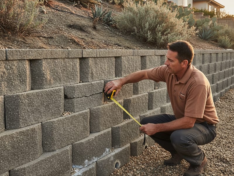 A person looking at a retaining wall