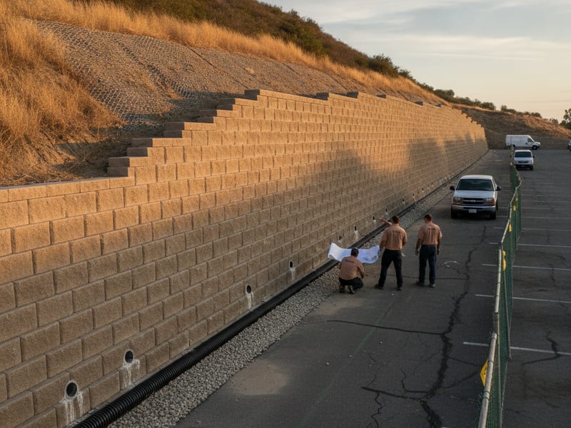 Commercial retaining wall under construction at a graded site