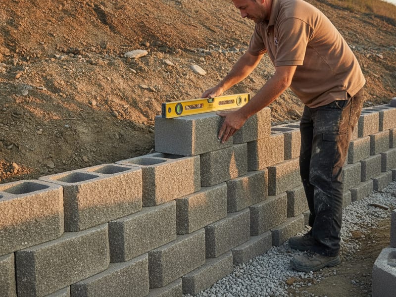 Concrete block retaining wall construction on a sloped property