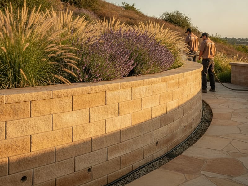 Finished retaining wall in a landscaped outdoor space