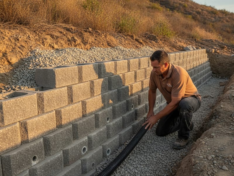 Drainage pipe and aggregate behind a retaining wall