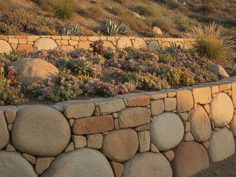 Natural stone retaining wall beside a terraced garden