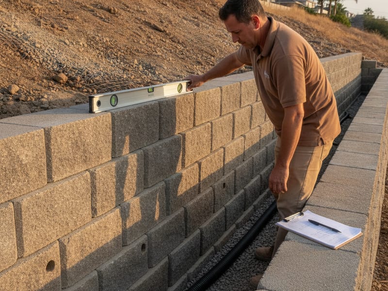 A professional examining a retaining wall and its drainage outlet