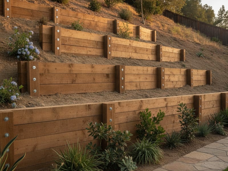 Timber retaining wall along a sloped garden